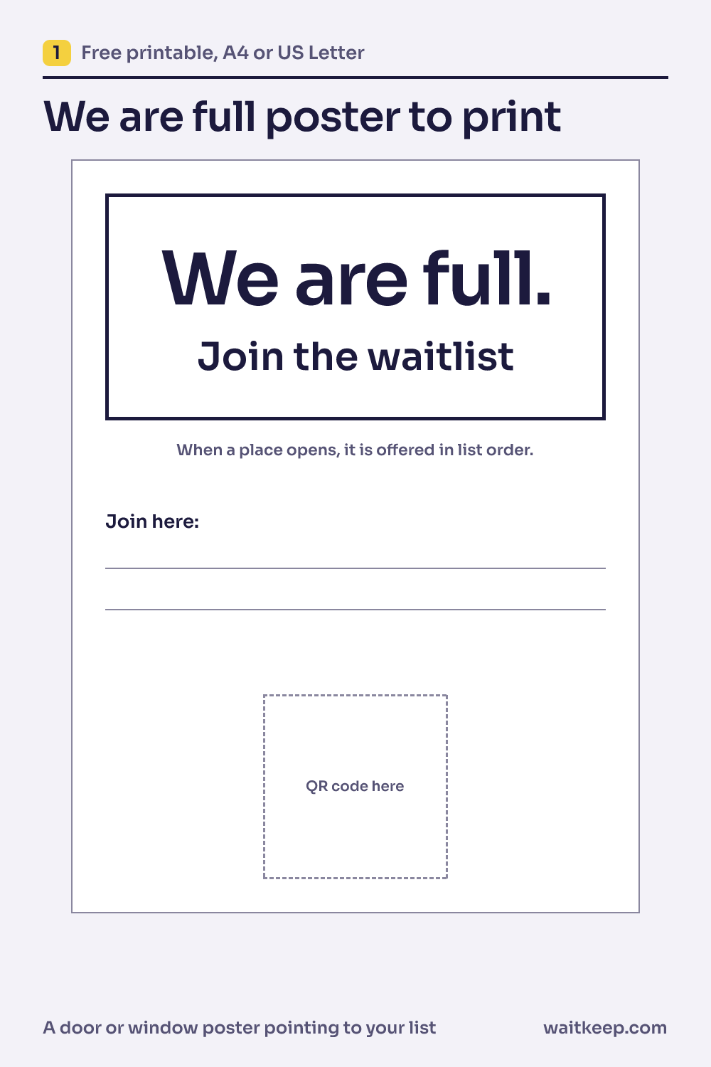 Preview of the we are full poster: a door or window poster pointing to your list.